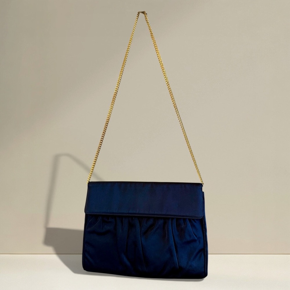 Coblentz Vintage Navy Blue Crossbody‎ Purse/Bag Gold Chain Pleated Fabric Women